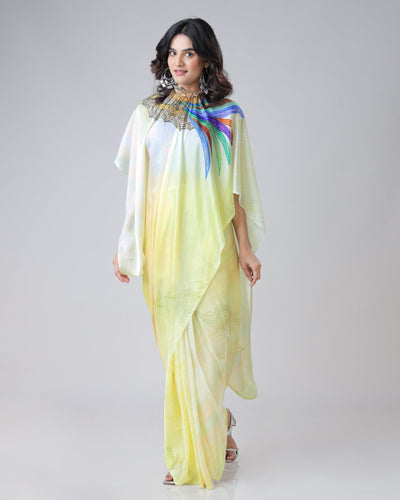 Lemon Yellow Rainbow Feather Freehand Saree – Modern Artistry with Handsfree Drape FREEHANDED