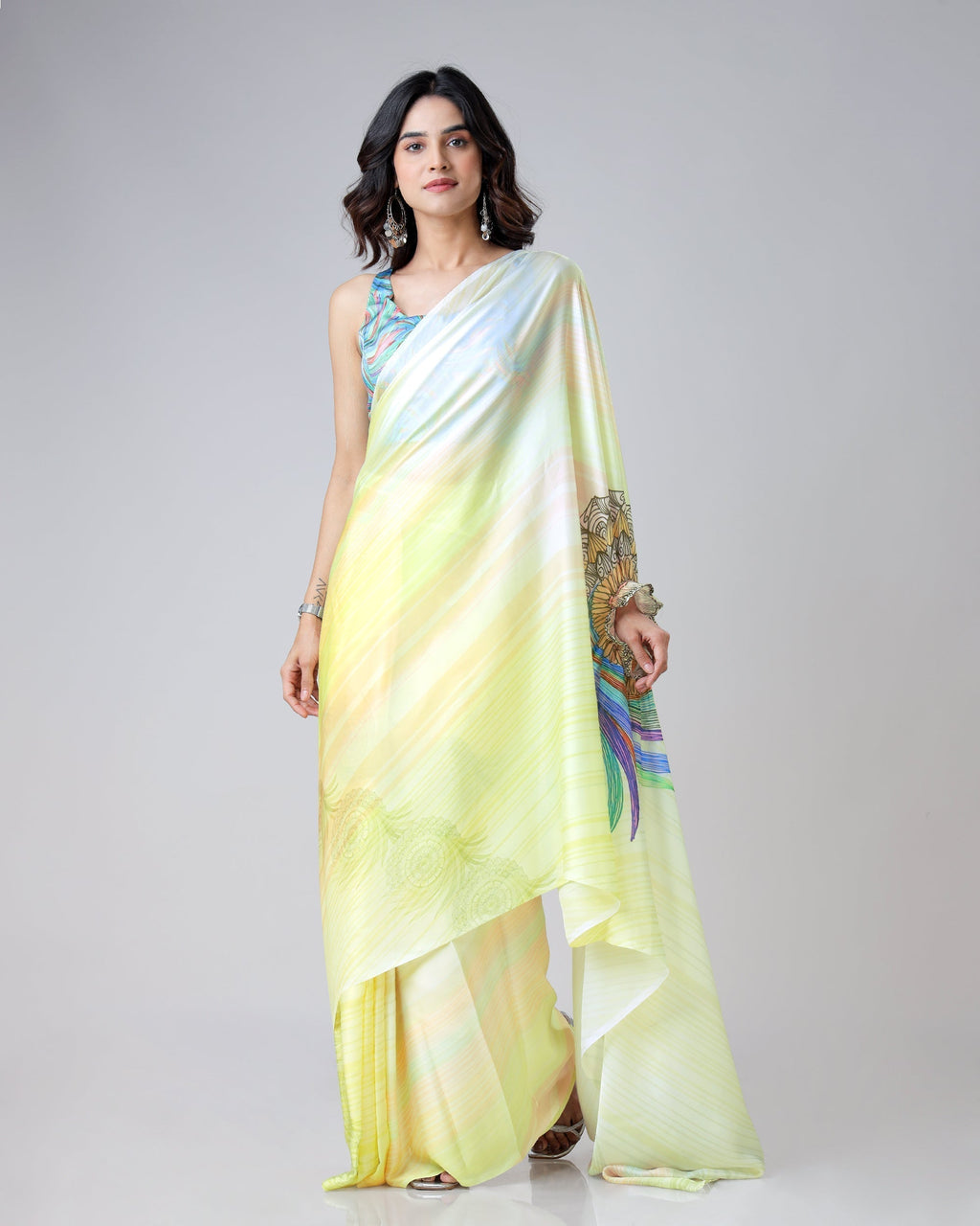 Lemon Yellow Rainbow Feather Freehand Saree – Modern Artistry with Handsfree Drape FREEHANDED