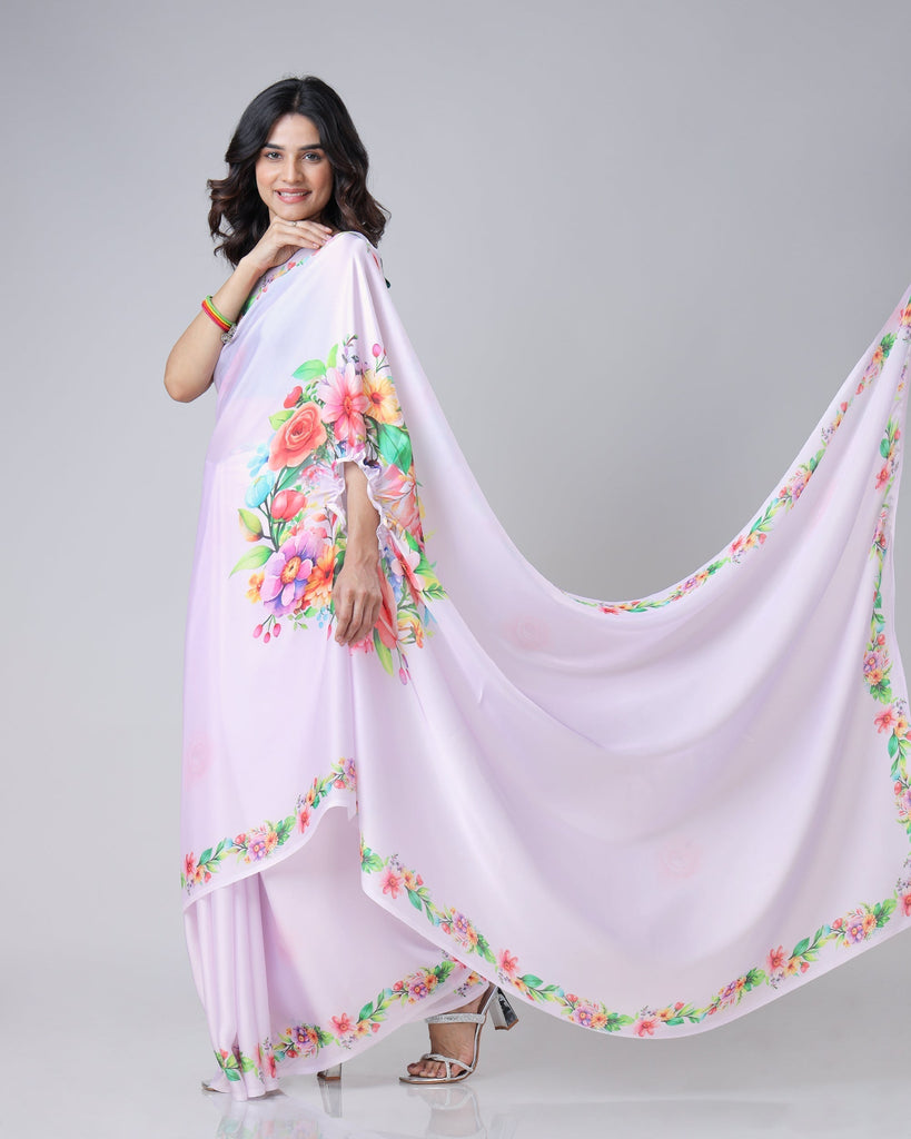 Lavender Bloom Floral Freehand Saree – Handsfree Elegance in Pastel Perfection FREEHANDED
