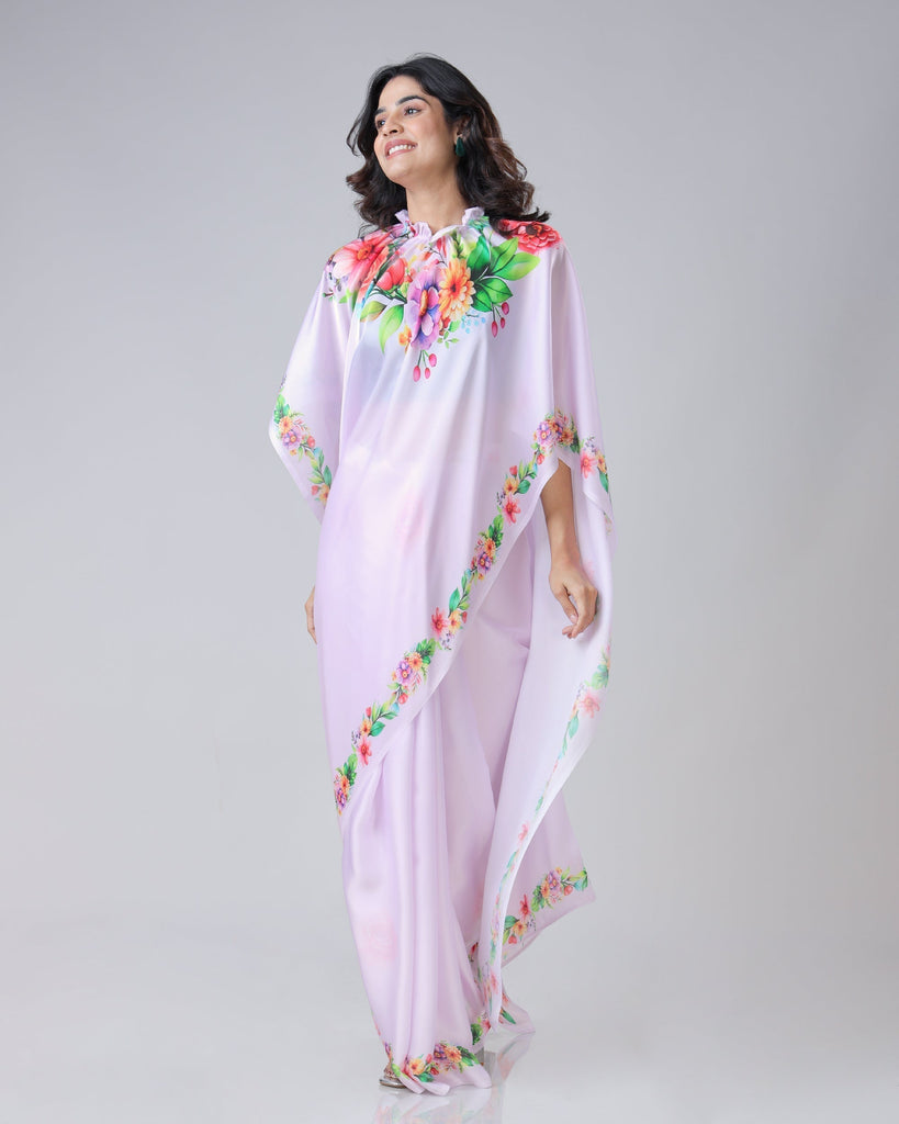 Lavender Bloom Floral Freehand Saree – Handsfree Elegance in Pastel Perfection FREEHANDED