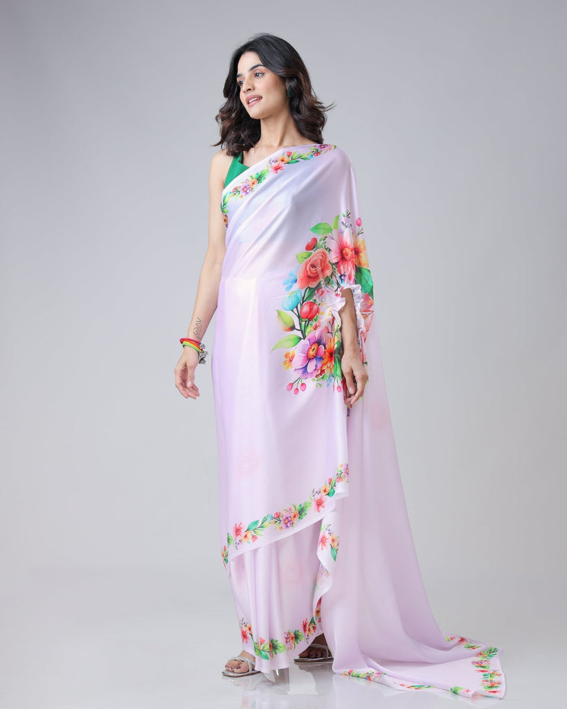 Lavender Bloom Floral Freehand Saree – Handsfree Elegance in Pastel Perfection FREEHANDED