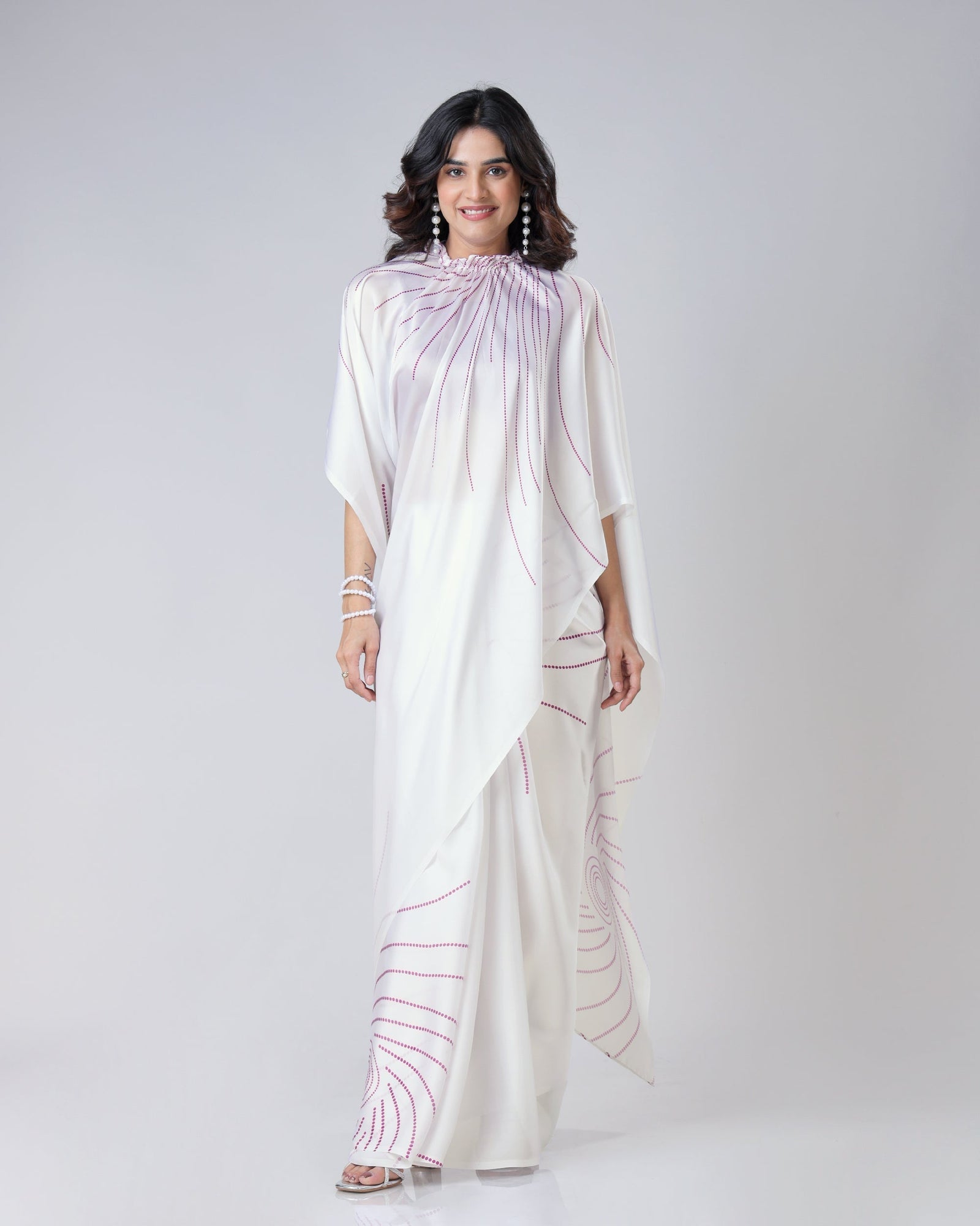 Ivory White Designer Freehand Saree with Maroon Abstract Lines – Handsfree Minimal Chic FREEHANDED