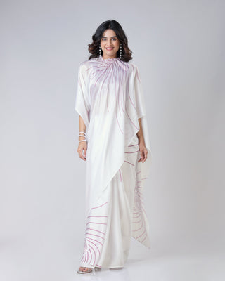 Ivory White Designer Freehand Saree with Maroon Abstract Lines – Handsfree Minimal Chic FREEHANDED