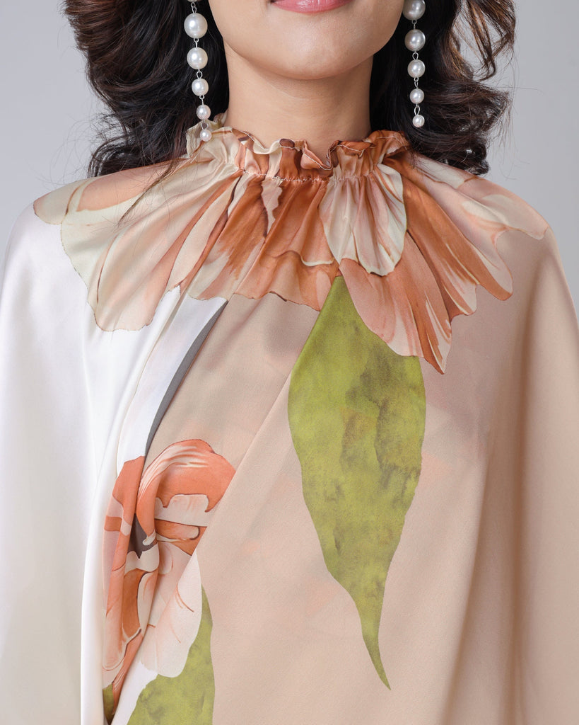 Mocha Beige & Ivory Floral Freehand Saree – Effortless Elegance with Handsfree Drape FREEHANDED