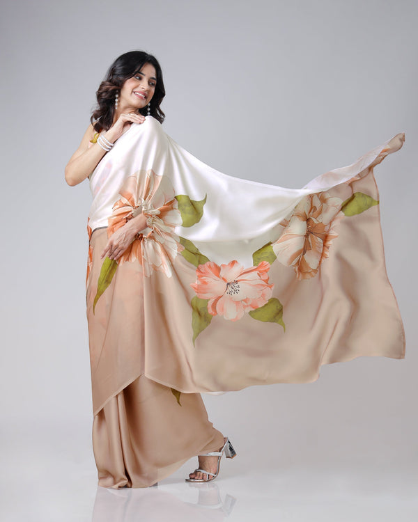 Mocha Beige & Ivory Floral Freehand Saree – Effortless Elegance with Handsfree Drape FREEHANDED