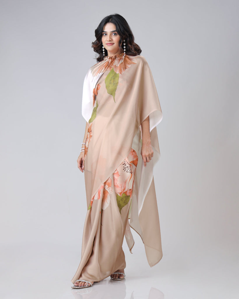 Mocha Beige & Ivory Floral Freehand Saree – Effortless Elegance with Handsfree Drape FREEHANDED