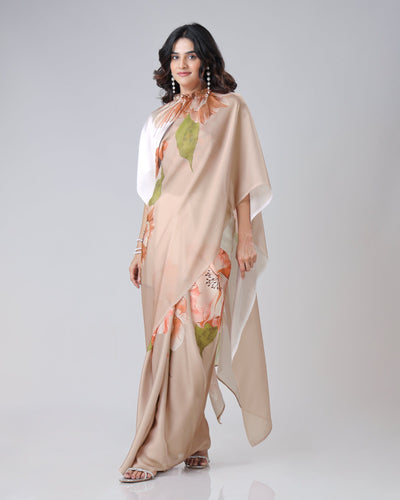 Mocha Beige & Ivory Floral Freehand Saree – Effortless Elegance with Handsfree Drape FREEHANDED