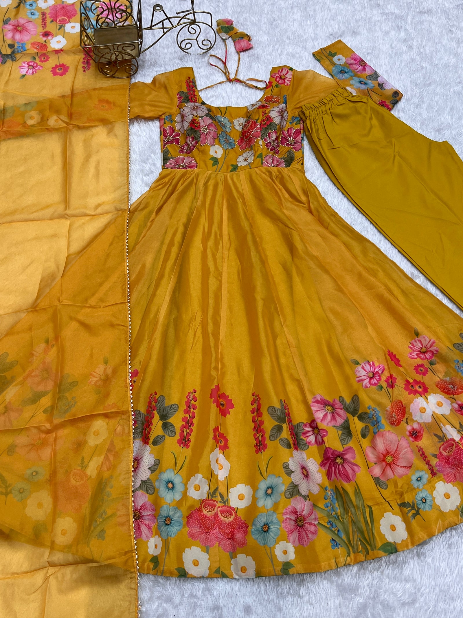 Yellow Graceful Pure Organza Silk Anarkali Suit with Gota Patti Dupatta