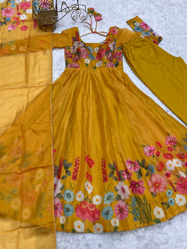 Yellow Graceful Pure Organza Silk Anarkali Suit with Gota Patti Dupatta