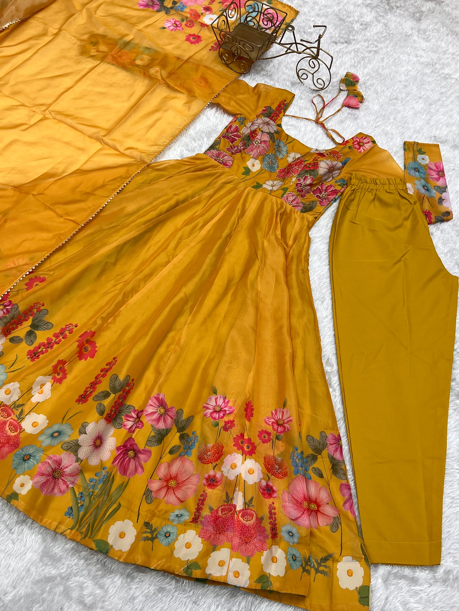 Yellow Graceful Pure Organza Silk Anarkali Suit with Gota Patti Dupatta
