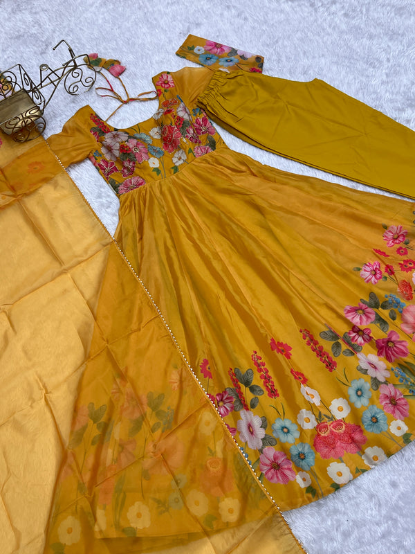Yellow Graceful Pure Organza Silk Anarkali Suit with Gota Patti Dupatta