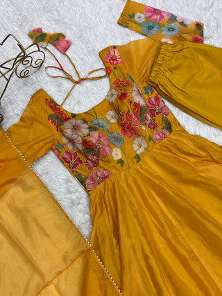 Yellow Graceful Pure Organza Silk Anarkali Suit with Gota Patti Dupatta