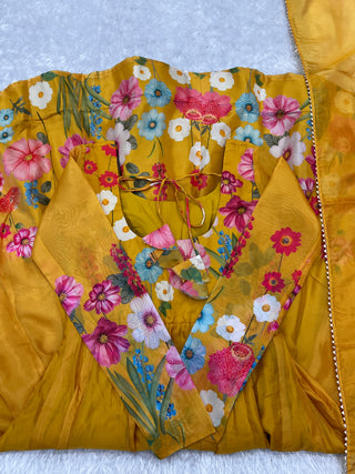 Yellow Graceful Pure Organza Silk Anarkali Suit with Gota Patti Dupatta