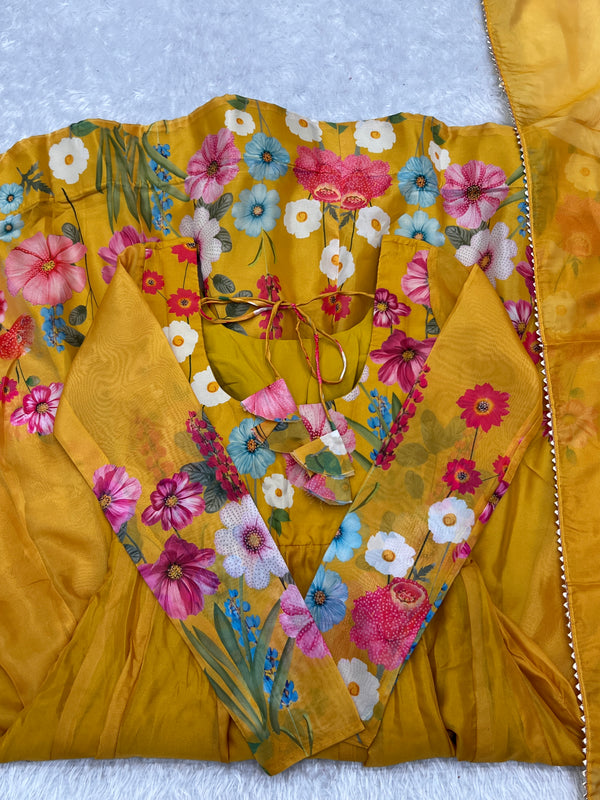 Yellow Graceful Pure Organza Silk Anarkali Suit with Gota Patti Dupatta