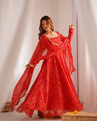 Red Elegant Designer Chiffon Bandhej Anarkali Gown Set with Dupatta & Pant – Fully Stitched Ready-to-Wear
