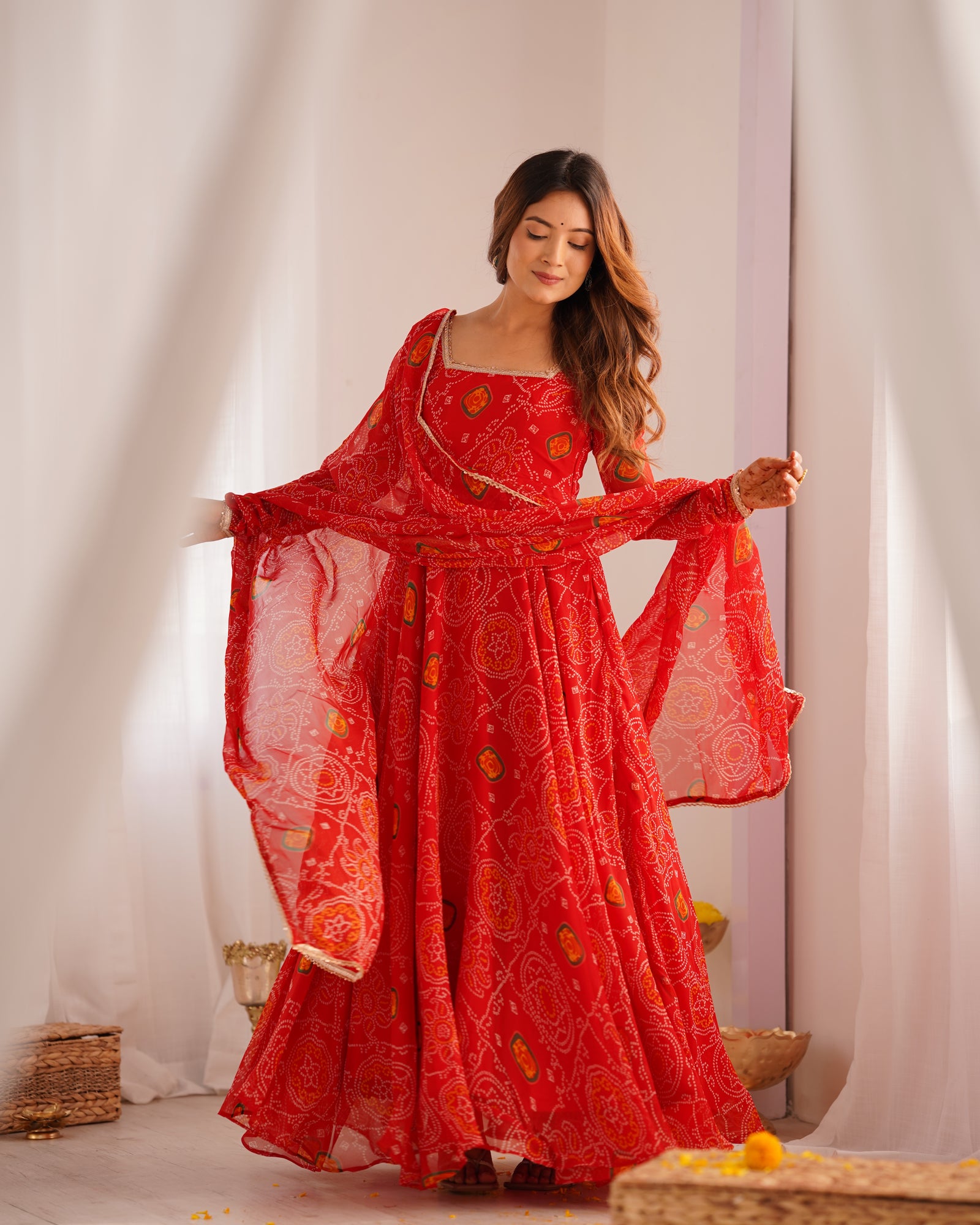 Red Elegant Designer Chiffon Bandhej Anarkali Gown Set with Dupatta & Pant – Fully Stitched Ready-to-Wear