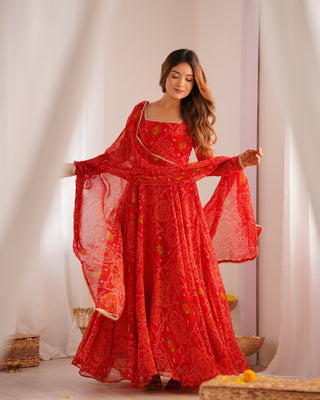 Red Elegant Designer Chiffon Bandhej Anarkali Gown Set with Dupatta & Pant – Fully Stitched Ready-to-Wear