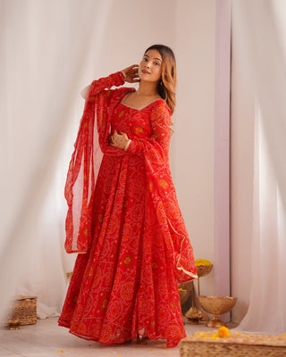 Red Elegant Designer Chiffon Bandhej Anarkali Gown Set with Dupatta & Pant – Fully Stitched Ready-to-Wear