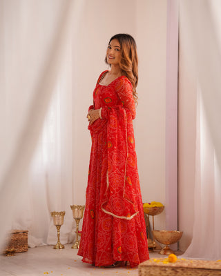 Red Elegant Designer Chiffon Bandhej Anarkali Gown Set with Dupatta & Pant – Fully Stitched Ready-to-Wear