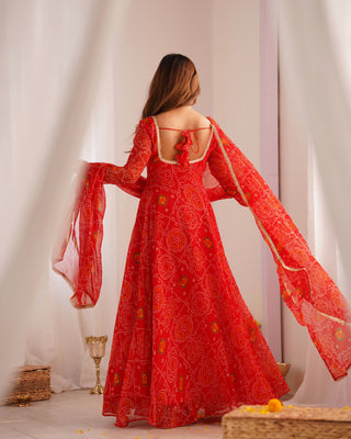 Red Elegant Designer Chiffon Bandhej Anarkali Gown Set with Dupatta & Pant – Fully Stitched Ready-to-Wear