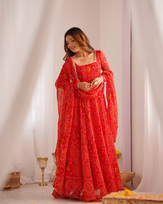 Red Elegant Designer Chiffon Bandhej Anarkali Gown Set with Dupatta & Pant – Fully Stitched Ready-to-Wear