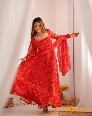 Red Elegant Designer Chiffon Bandhej Anarkali Gown Set with Dupatta & Pant – Fully Stitched Ready-to-Wear