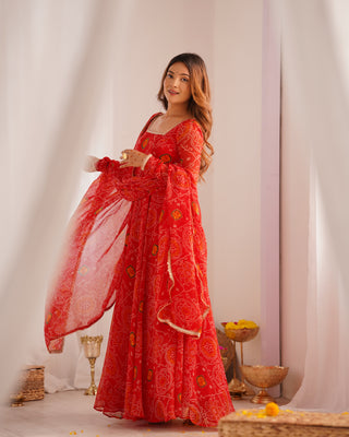 Red Elegant Designer Chiffon Bandhej Anarkali Gown Set with Dupatta & Pant – Fully Stitched Ready-to-Wear