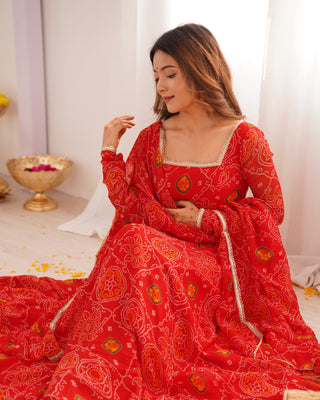 Red Elegant Designer Chiffon Bandhej Anarkali Gown Set with Dupatta & Pant – Fully Stitched Ready-to-Wear