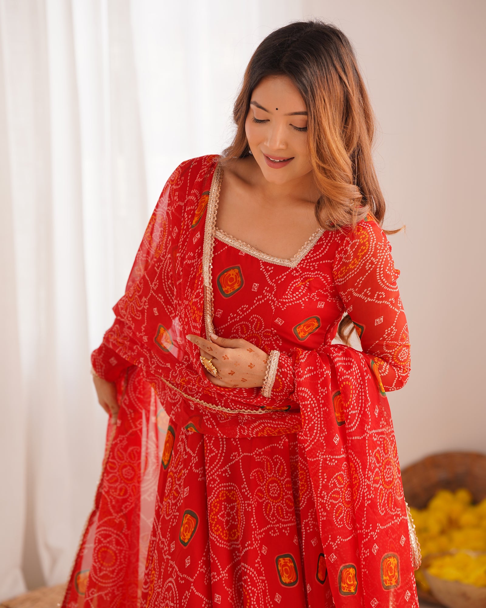 Red Elegant Designer Chiffon Bandhej Anarkali Gown Set with Dupatta & Pant – Fully Stitched Ready-to-Wear
