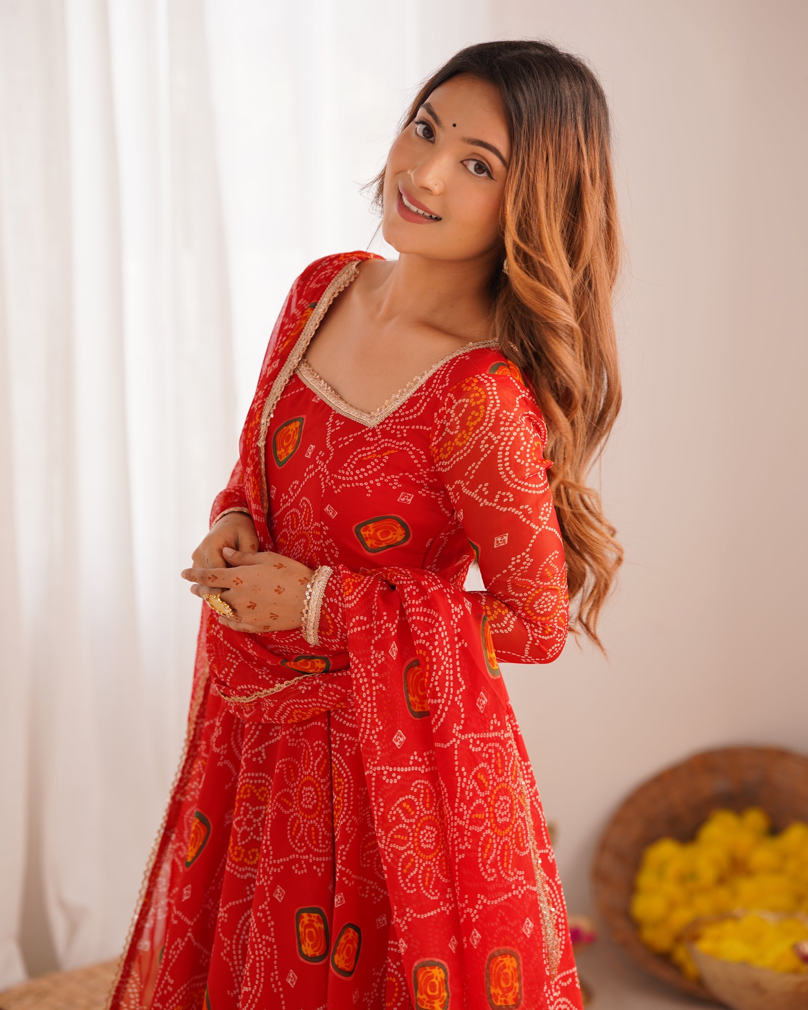 Red Elegant Designer Chiffon Bandhej Anarkali Gown Set with Dupatta & Pant – Fully Stitched Ready-to-Wear