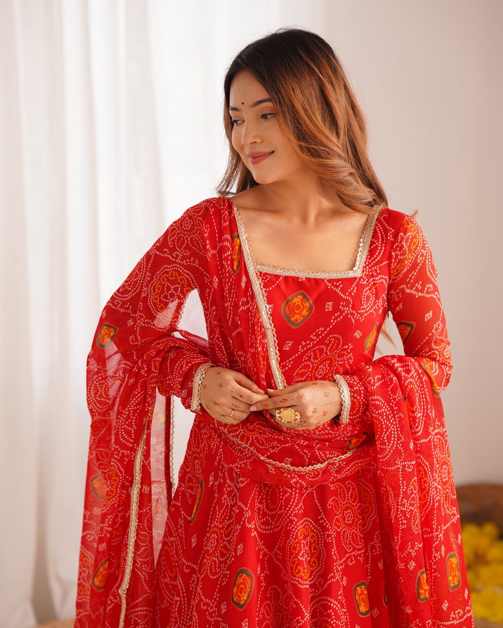 Red Elegant Designer Chiffon Bandhej Anarkali Gown Set with Dupatta & Pant – Fully Stitched Ready-to-Wear