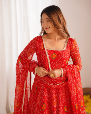Red Elegant Designer Chiffon Bandhej Anarkali Gown Set with Dupatta & Pant – Fully Stitched Ready-to-Wear