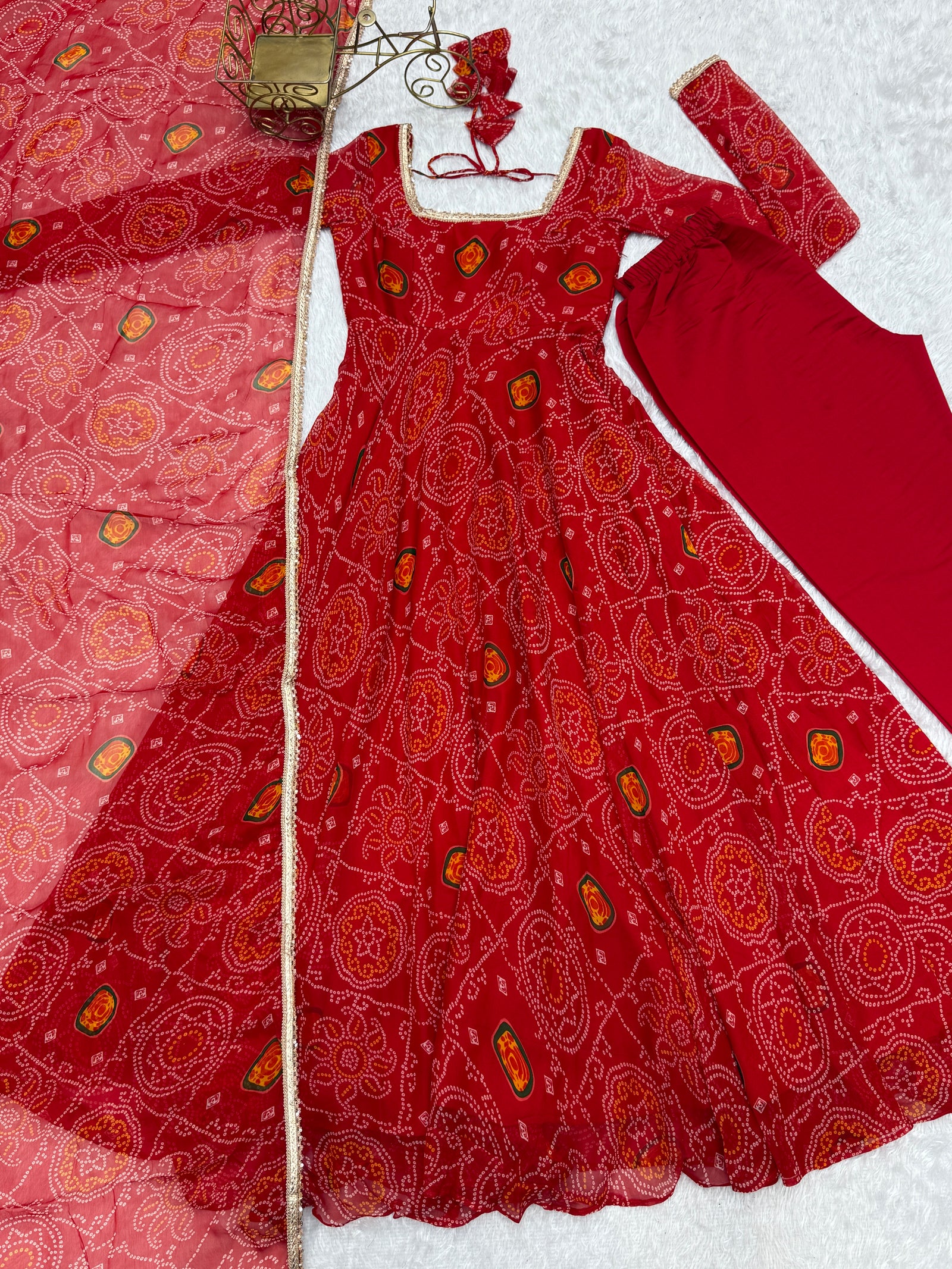 Red Elegant Designer Chiffon Bandhej Anarkali Gown Set with Dupatta & Pant – Fully Stitched Ready-to-Wear