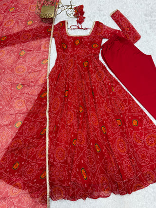 Red Elegant Designer Chiffon Bandhej Anarkali Gown Set with Dupatta & Pant – Fully Stitched Ready-to-Wear