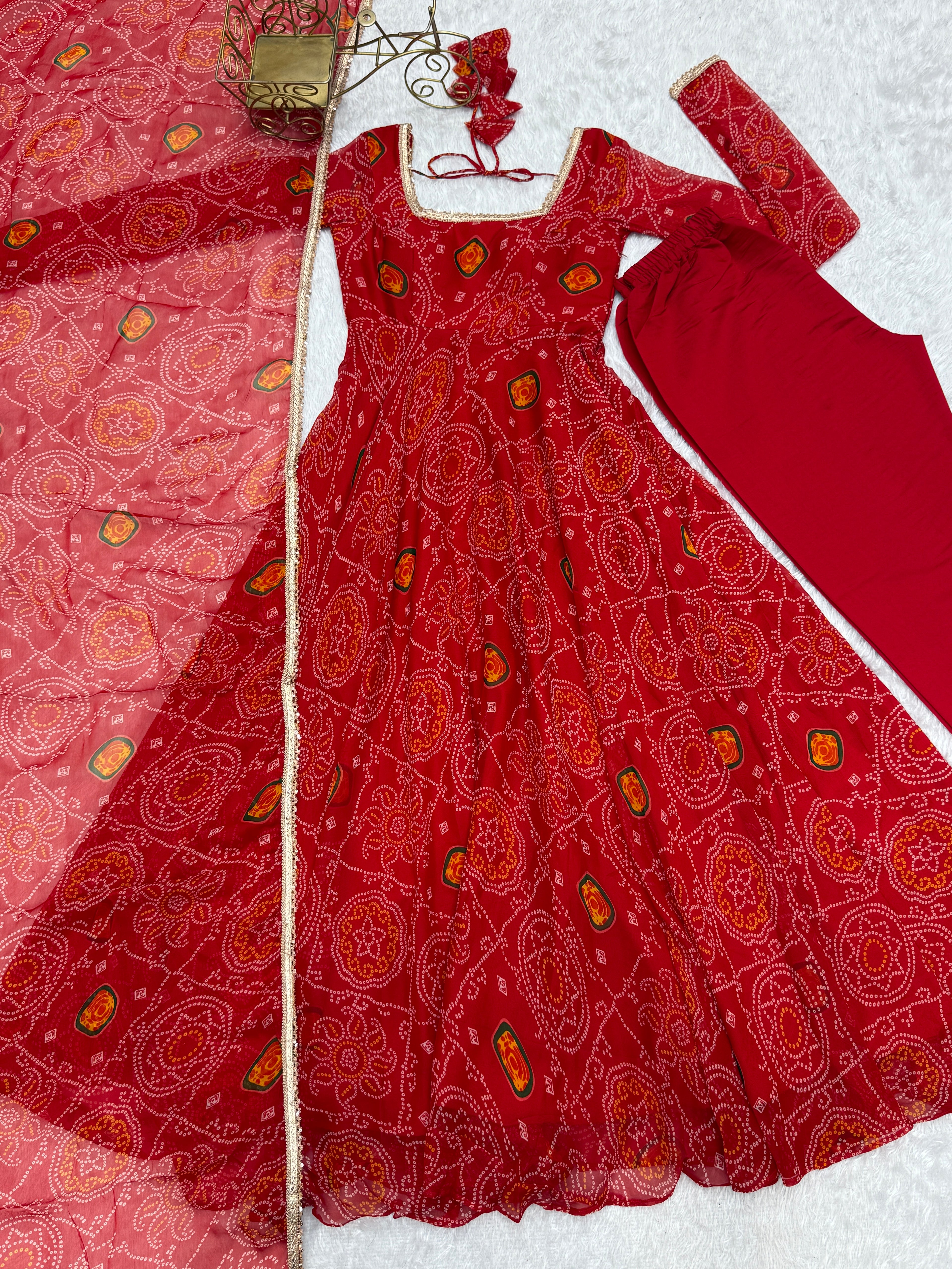 Red Elegant Designer Chiffon Bandhej Anarkali Gown Set with Dupatta & Pant – Fully Stitched Ready-to-Wear