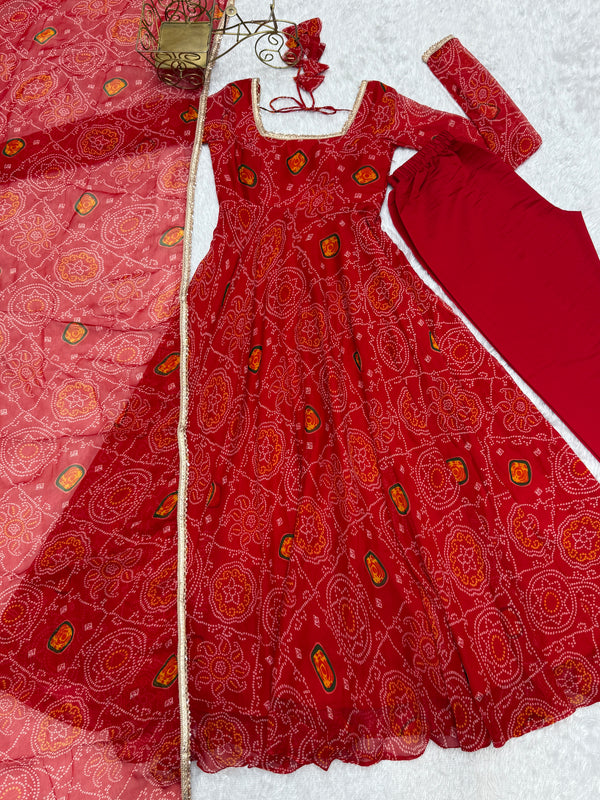 Red Elegant Designer Chiffon Bandhej Anarkali Gown Set with Dupatta & Pant – Fully Stitched Ready-to-Wear