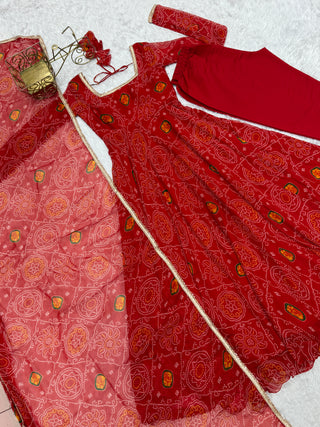 Red Elegant Designer Chiffon Bandhej Anarkali Gown Set with Dupatta & Pant – Fully Stitched Ready-to-Wear