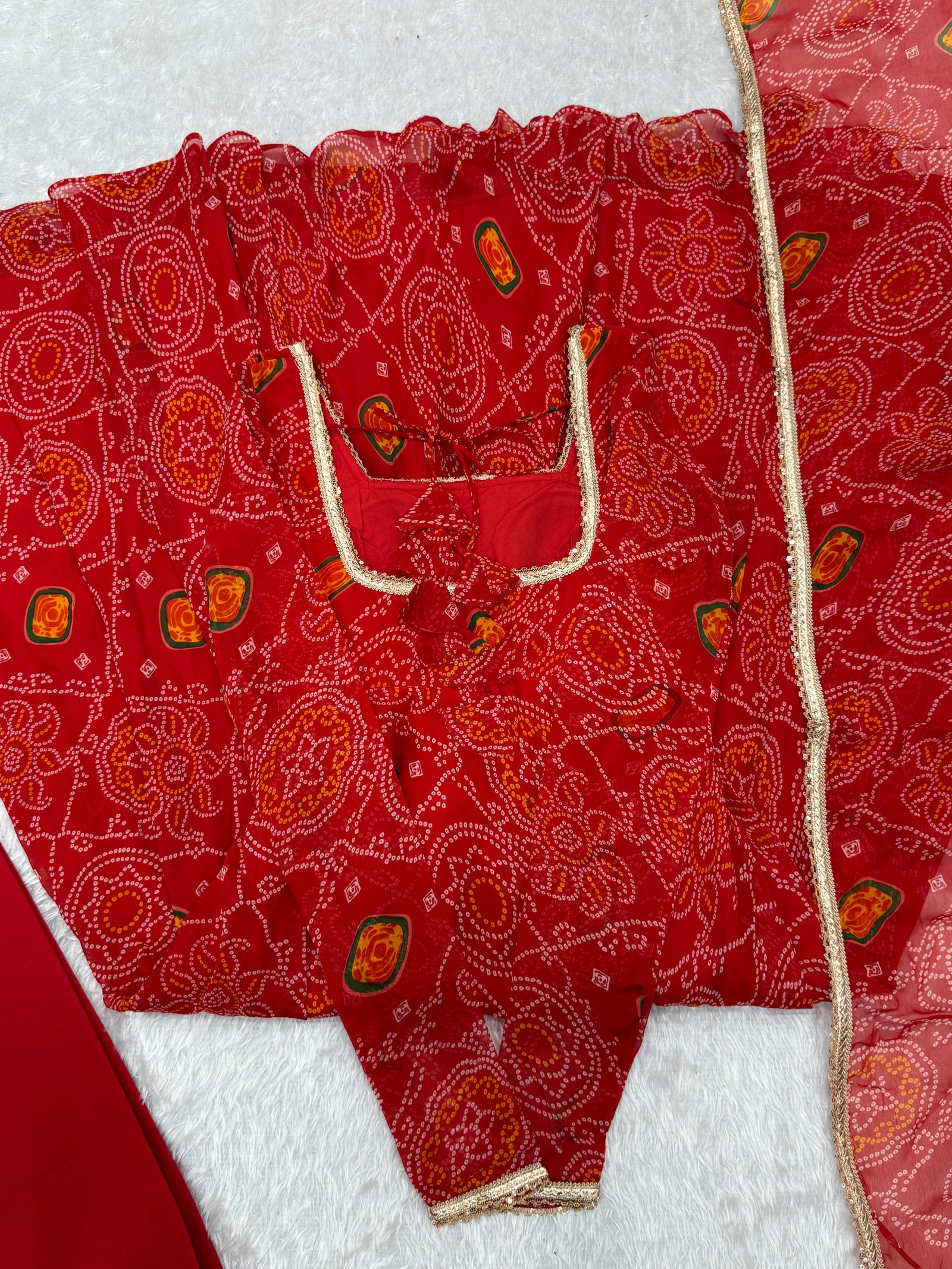 Red Elegant Designer Chiffon Bandhej Anarkali Gown Set with Dupatta & Pant – Fully Stitched Ready-to-Wear