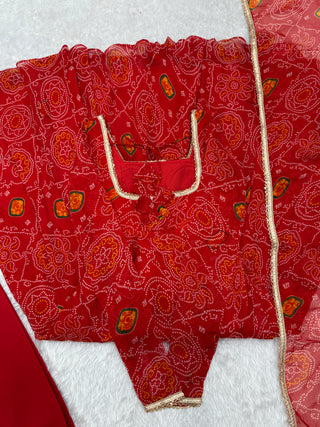 Red Elegant Designer Chiffon Bandhej Anarkali Gown Set with Dupatta & Pant – Fully Stitched Ready-to-Wear