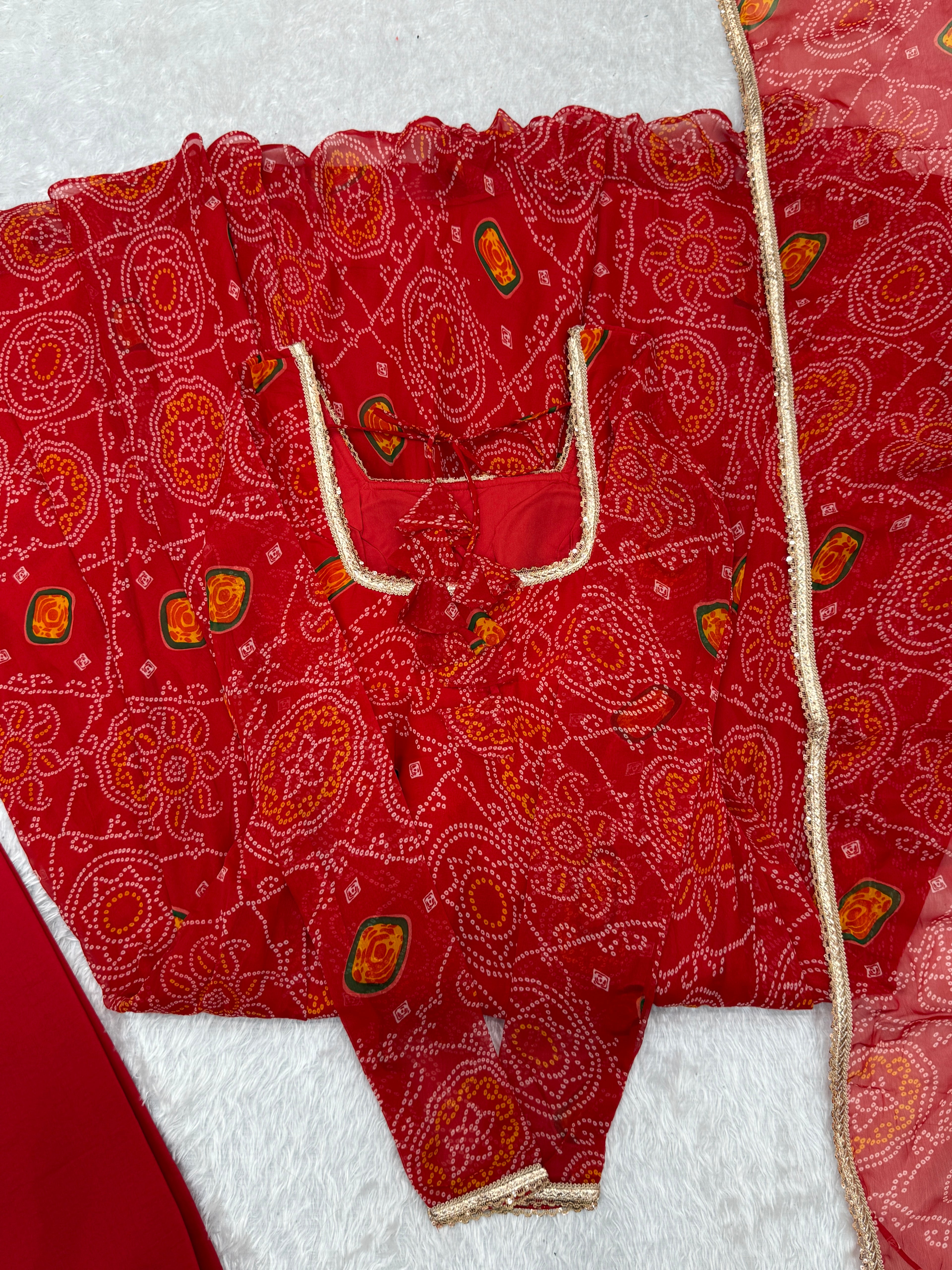 Red Elegant Designer Chiffon Bandhej Anarkali Gown Set with Dupatta & Pant – Fully Stitched Ready-to-Wear