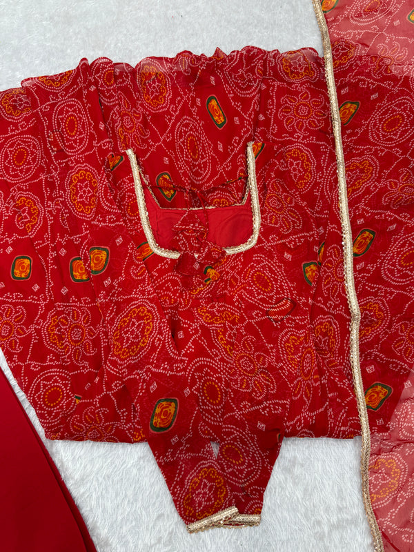 Red Elegant Designer Chiffon Bandhej Anarkali Gown Set with Dupatta & Pant – Fully Stitched Ready-to-Wear
