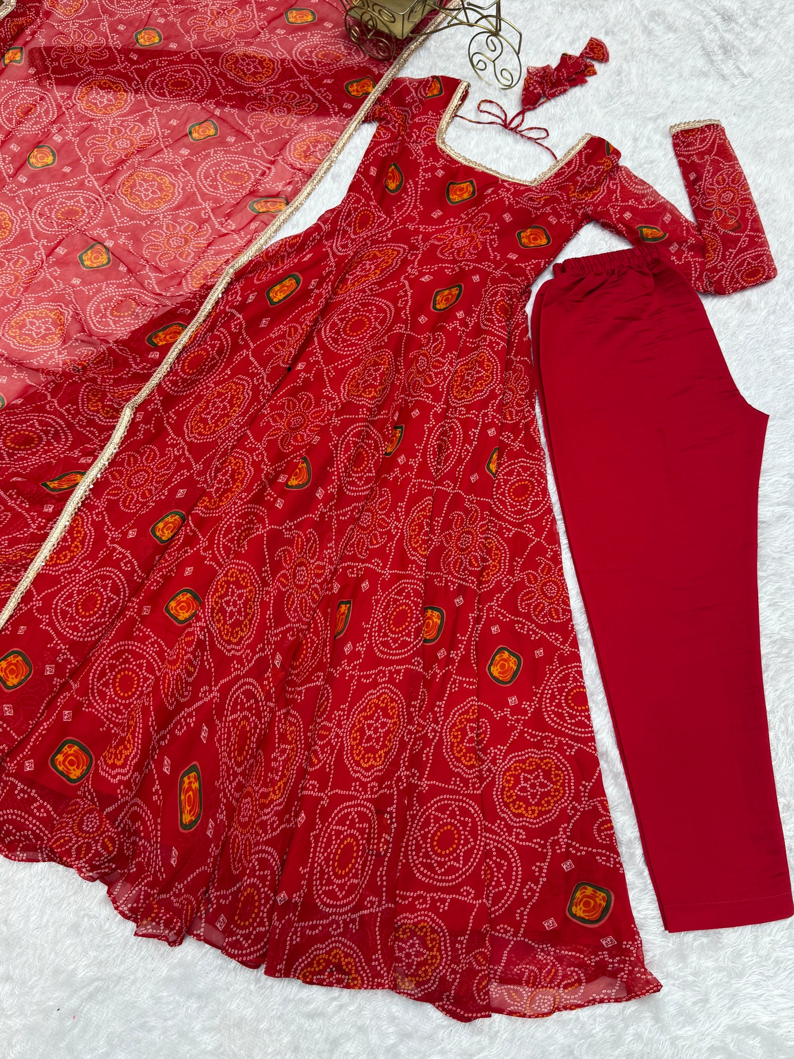 Red Elegant Designer Chiffon Bandhej Anarkali Gown Set with Dupatta & Pant – Fully Stitched Ready-to-Wear