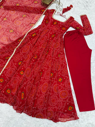 Red Elegant Designer Chiffon Bandhej Anarkali Gown Set with Dupatta & Pant – Fully Stitched Ready-to-Wear
