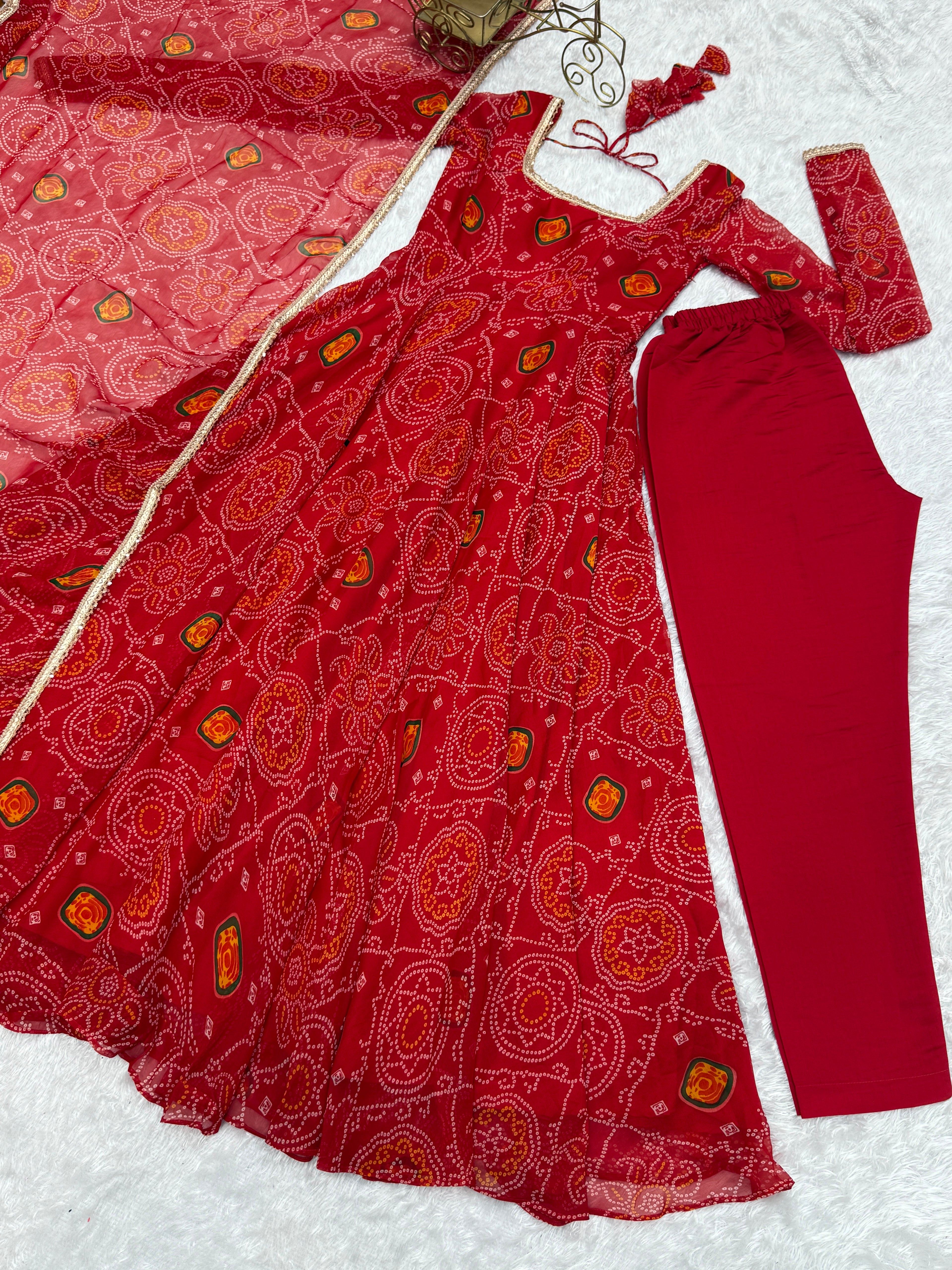 Red Elegant Designer Chiffon Bandhej Anarkali Gown Set with Dupatta & Pant – Fully Stitched Ready-to-Wear