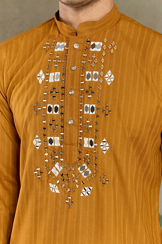 Wedding Special Mustard Mirror Kurta Set with Dupatta for Men Clothsvilla