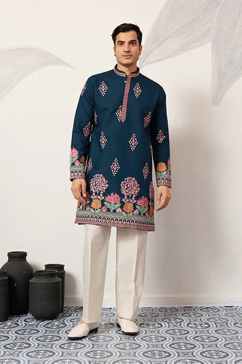 Indian Wedding Style Exclusive Teal Blue Kurta for Mens Clothsvilla