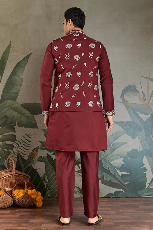 Wedding Special Maroon Kurta Pajama with Open Koti for Men Clothsvilla