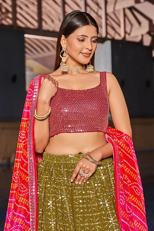 Indian Collection For Bridal Wear Lehenga Choli With Dupatta  Olive-Pink Colour Secondary image