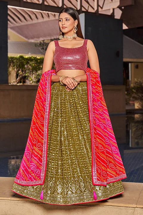 Indian Collection For Bridal Wear Lehenga Choli With Dupatta  Olive-Pink Colour Clothsvilla Main image