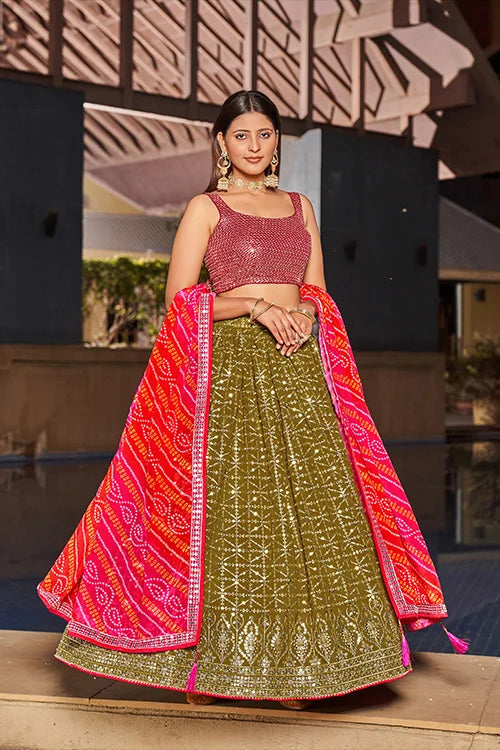 Indian Collection For Bridal Wear Lehenga Choli With Dupatta  Olive-Pink Colour Clothsvilla